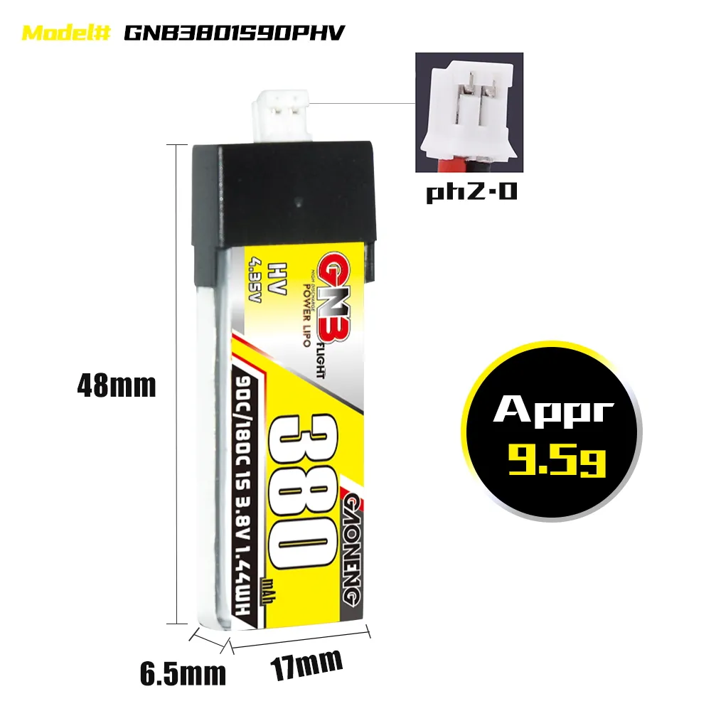 Gaoneng GNB 1S 380MAH 90C 3.8V HV Li-Po Battery for Whoop Micro - PH2.0 Plastic Head