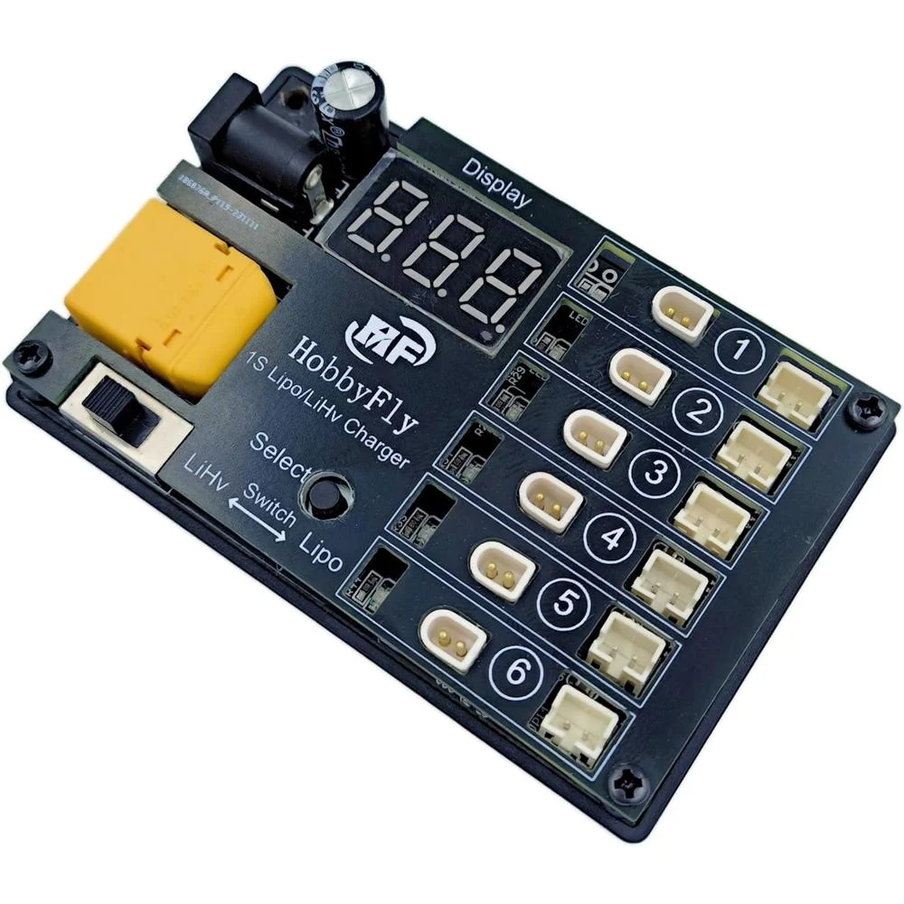 HOBBYFLY 1S LiPo/LiHV Battery Charger 6 Ports BT2.0/PH2.0 Low Voltage Input Protection - with Power Adapter