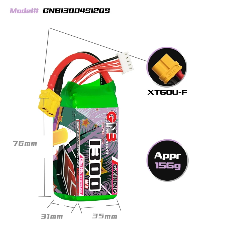 Gaoneng GNB 1300mAh 14.8V 4S 120C Lipo Battery - XT60