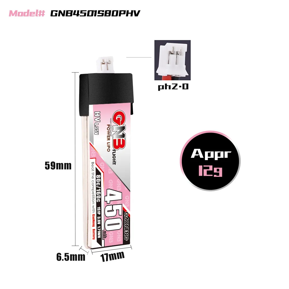 Gaoneng GNB 1S 450MAH 80C 3.8V HV Li-Po Battery for Whoop Micro - PH2.0 Plastic Head