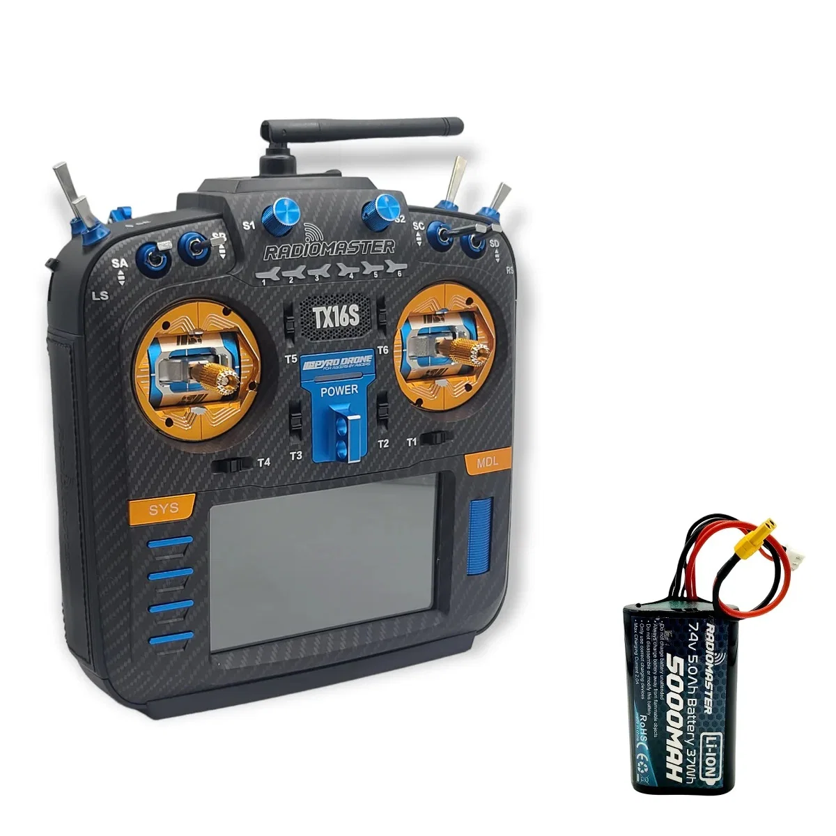 RadioMaster TX16S MKII MAX AG01 Pyrodrone Edition - Carbon Face Plate, Pyro AG01 Gimbals, Blue/Orange CNC parts, Black Leather Grips & 5000mAh 2S Li-Ion Battery - Choose Protocol — ELRS