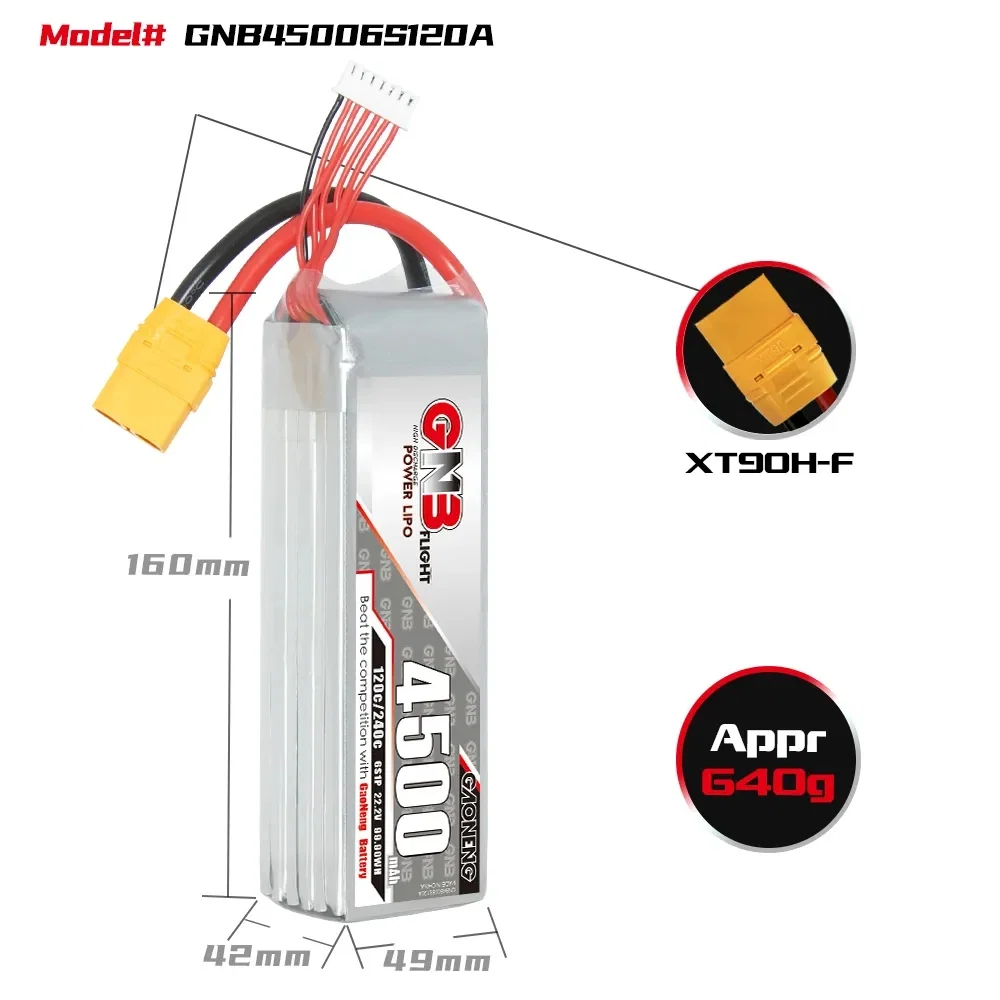 Gaoneng GNB 4500mAh 22.2V 6S 120C Long Range/Cinelifter Lipo Battery - XT90