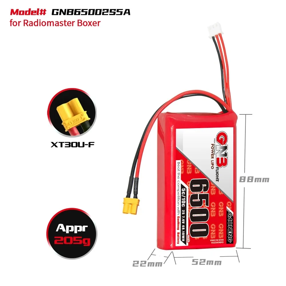 GAONENG GNB 2S 7.4V 6500mAh 5C LiPo Battery XT30 for TX16S, TX15 and Boxer
